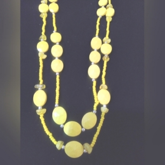 Fashion Necklace Yellow & Silver Beads w 2.5" Extension Chain 2 Stranded 22 Inch - Picture 3 of 5